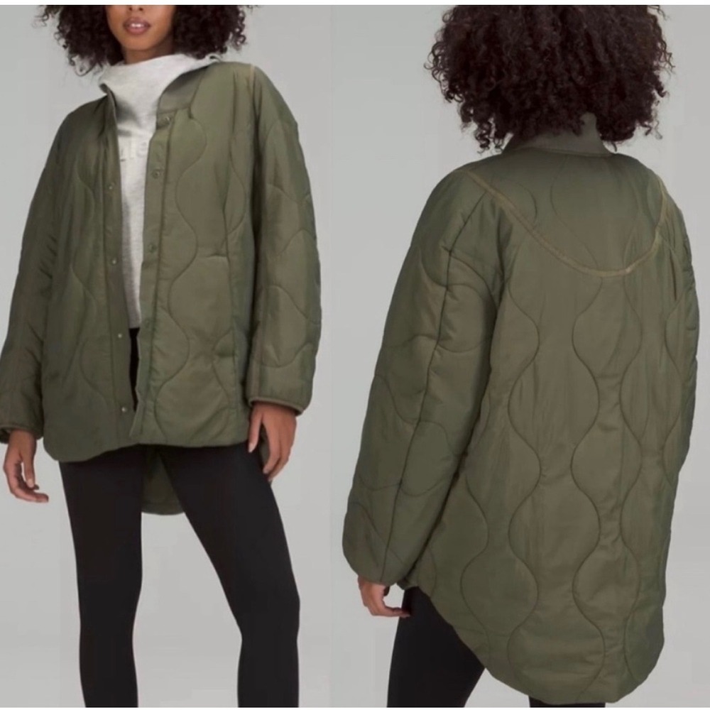 Lululemon Insulated Quilted Jacket Army Green Primaloft‎ Snap Front Size 2